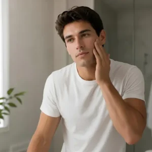 man following a morning skincare routine, checking skin texture
