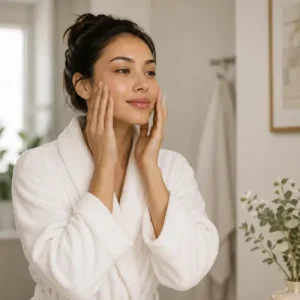 woman applying nighttime barrier cream as part of her evening skincare routine